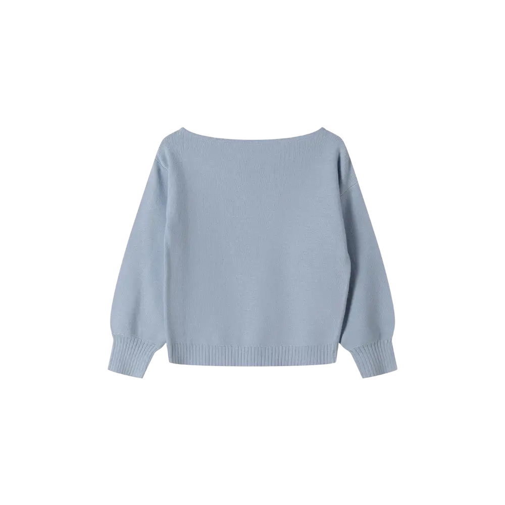 Light blue textured knit jumper laid flat showing boat neckline and relaxed fit against black background