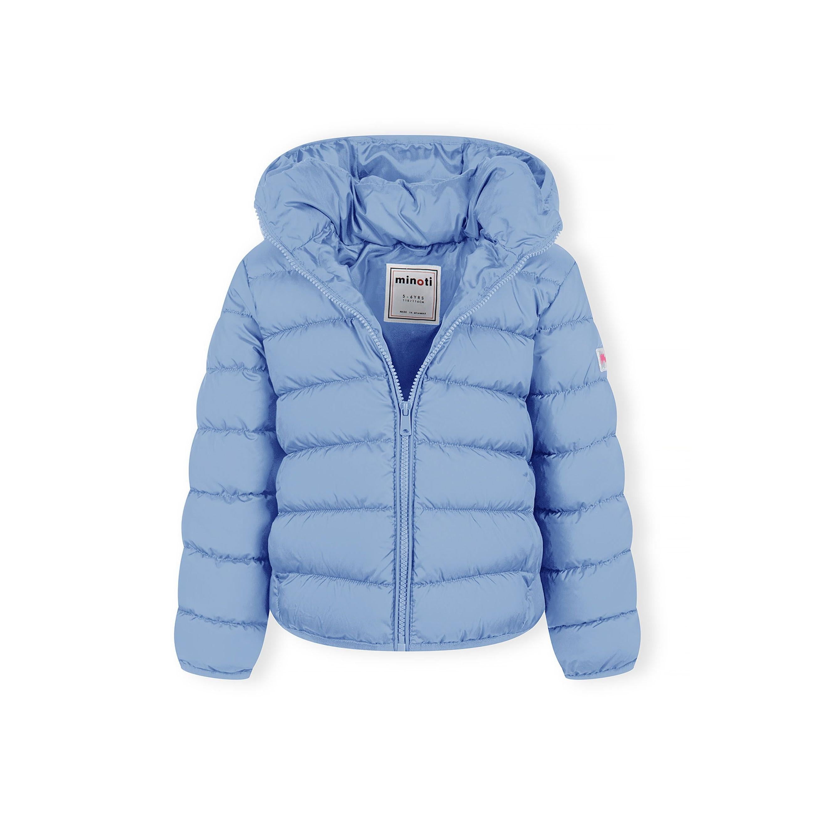 Blue quilted jacket with detachable hood laid flat showing Minoti brand label and full zip closure on white background