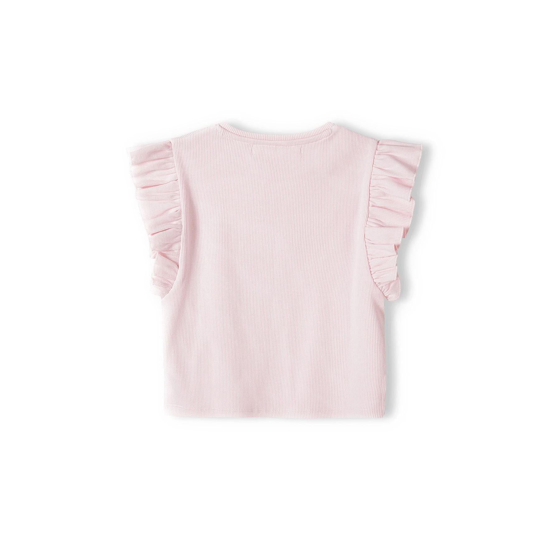 Back view of pink ribbed t-shirt showing ruffle sleeve details and overall garment shape on white background