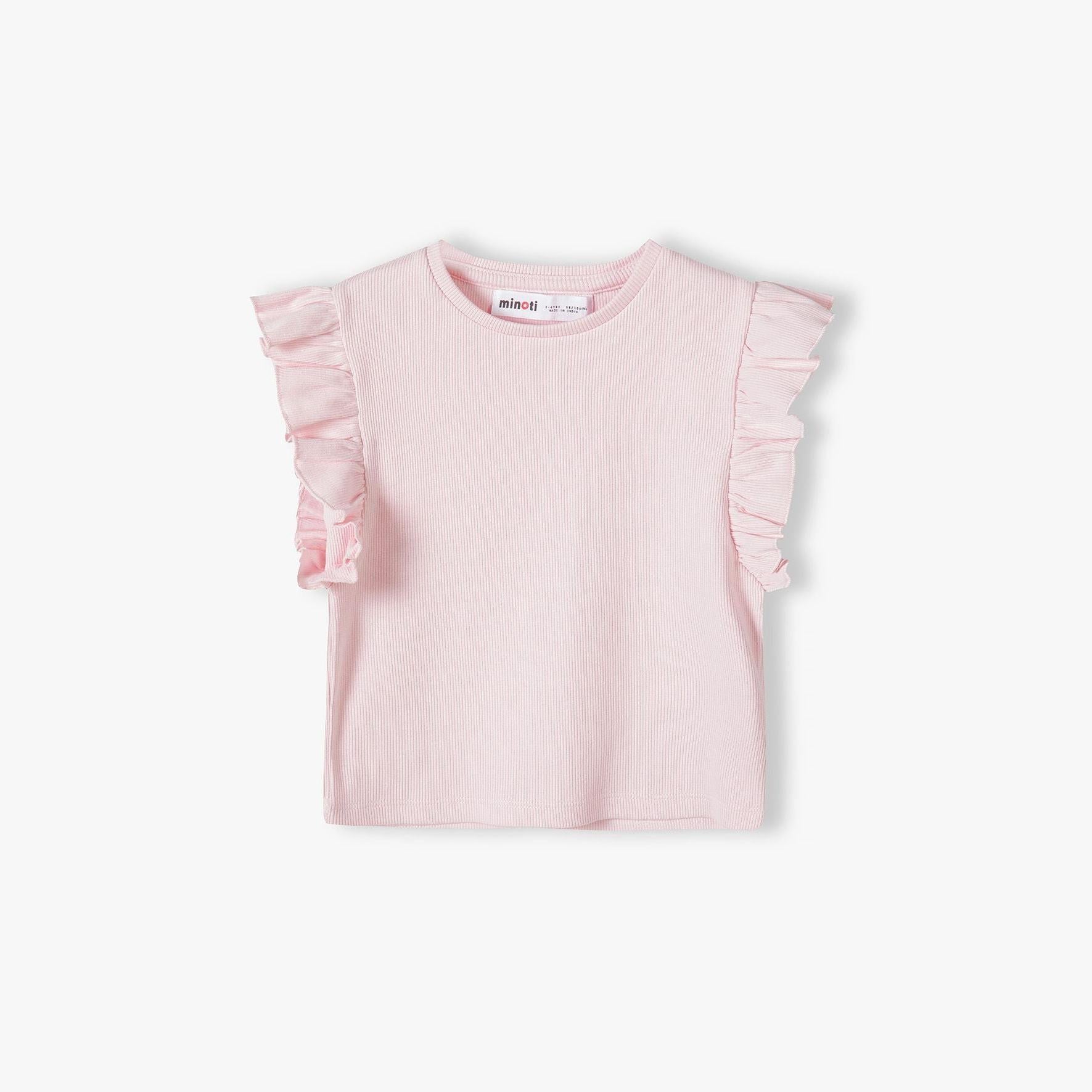 Back view of pink ribbed t-shirt showing ruffle sleeve details and overall garment shape on white background
