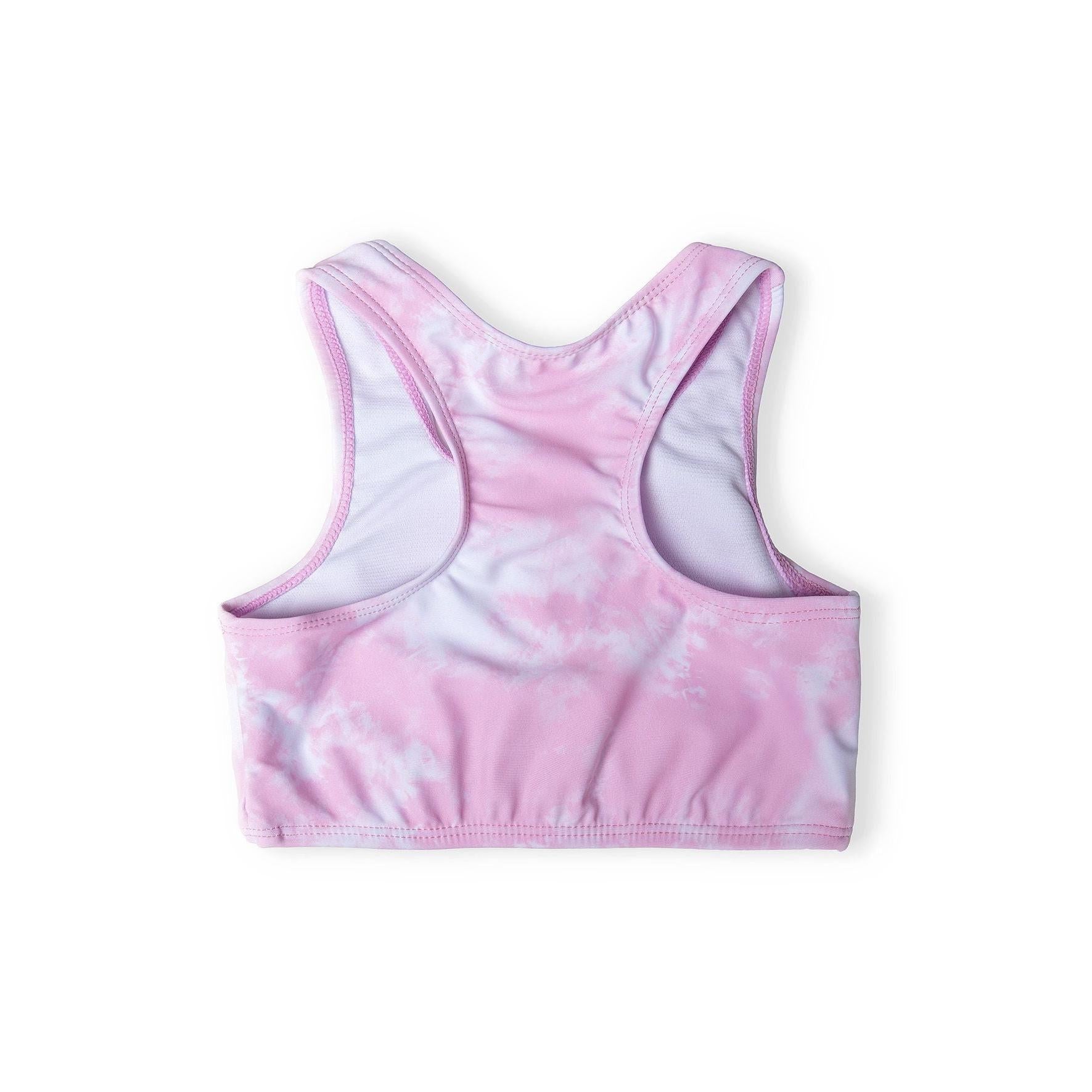 Back view of pink tie dye crossover bikini top showing racerback strap design and secure fit on white background