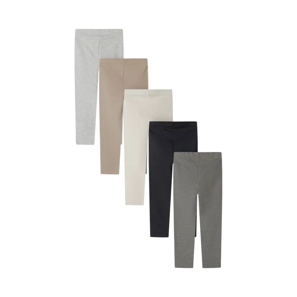 Five jersey leggings in neutral tones - light grey, taupe, cream, charcoal and olive - arranged in overlapping fan formation on black background
