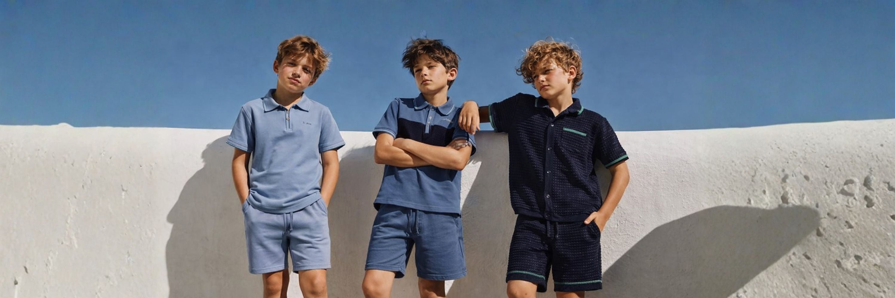Three boys in coordinated summer sets stand confidently against a white wall, showcasing a relaxed, modern style under a clear blue sky.