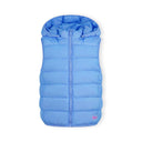 Girls light blue quilted gilet with detachable hood, full zip, and side pockets.