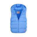 Girls light blue quilted gilet with detachable hood, full zip, and soft padding.