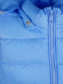 Girls light blue quilted gilet with detachable hood, full zip, and soft padding.