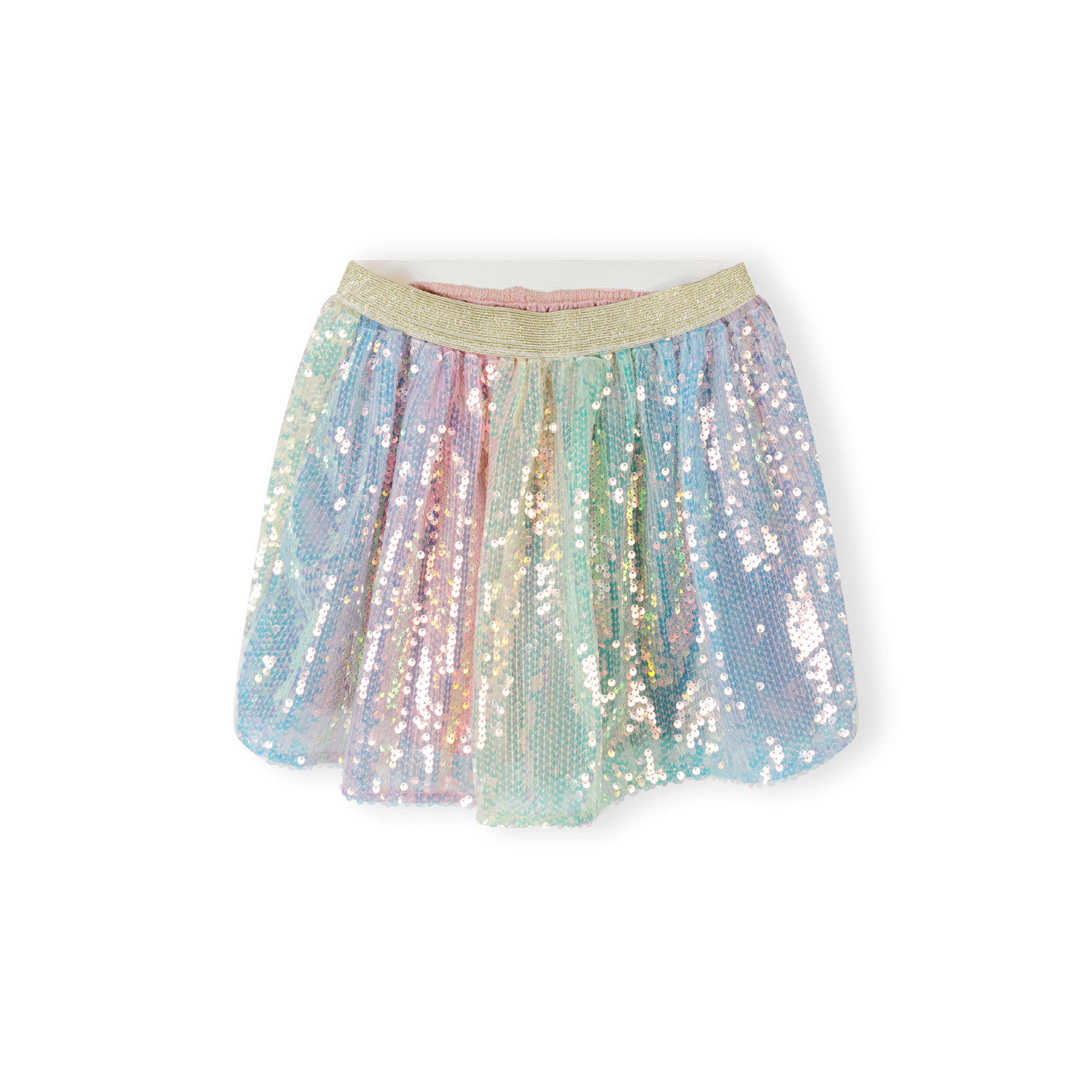 Back view of multicolour sequin tulle skirt showing layered construction and gold elasticated waistband against white background