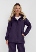Packaway waterproof jacket in purple with adjustable hood and zip front, designed for women in sizes 36-48.