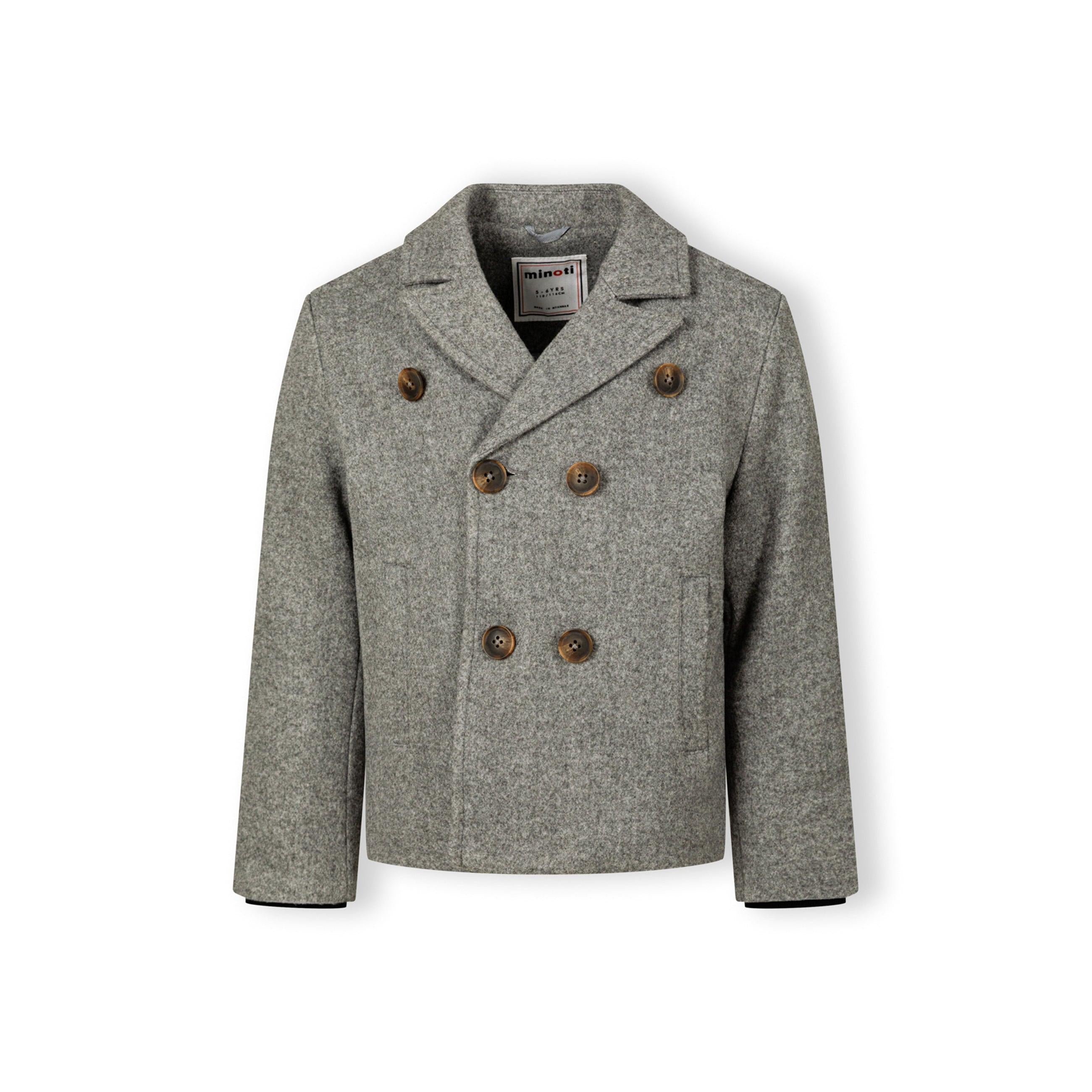 Front view of grey double-breasted coat with brown buttons and traditional collar on white background