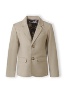 Stone color boys formal blazer with tailored fit, shawl collar, and floral patterned inner lining design