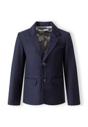 Navy blue tailored boys blazer with notch lapel and floral inner lining, designed for formal occasions.