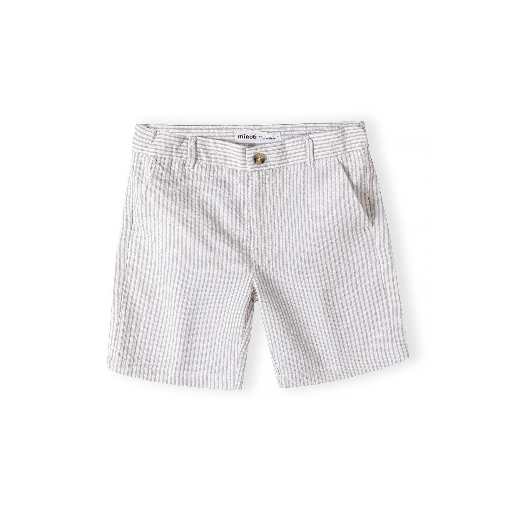 Back view of stone stripe tailored cotton suit shorts showing structured design and rear pockets with brand label