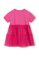 Pink girls dress with layered tulle skirt and short sleeves, featuring a soft jersey top and stylish design.