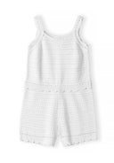 White crochet baby romper on a white background