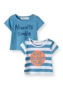 Boys short sleeve t-shirt 2 pack striped turquoise 0-12m featuring horizontal stripes and printed slogans. Comfortable casual wear.