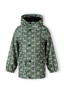 Boys rain jacket with hood khaki 1-6y featuring a green zebra print, waterproof fabric, and a comfortable fit.