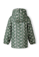 Boys rain jacket with hood khaki 1-6y features playful zebra print, waterproof fabric, and long sleeves for wet weather protection.