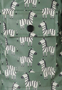 Boys rain jacket with hood khaki 1-6y in khaki featuring a playful zebra print pattern. Made from waterproof fabric for wet weather.