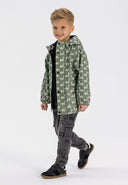 Boys rain jacket with hood khaki 1-6y featuring a playful printed pattern, waterproof fabric, designed for boys.