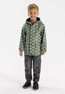 Boys rain jacket with hood khaki 1-6y featuring a playful printed pattern, waterproof fabric, and a comfortable fit.