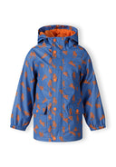 Boys rain jacket printed cobalt blue 1-6y featuring vibrant blue color with orange patterned details and a hood. It ensures protection in wet weather.