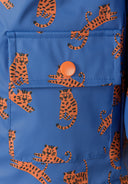 Boys rain jacket printed cobalt blue 1-6y featuring playful orange cat patterns. Made with durable waterproof material.