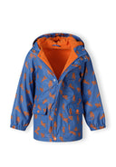 Boys rain jacket printed cobalt blue 1-6y with orange lining and all-over pattern. Designed for wet weather protection.