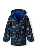 Boys rain jacket printed navy 1-6y with colorful dinosaur patterns, lightweight fabric, and attached hood for comfort.