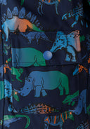 Boys rain jacket printed navy 1-6y with colorful animal patterns and button pocket. Lightweight fabric designed for comfort.