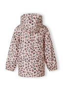 Girls rain jacket with hood light pink 1-6y featuring a playful all-over leopard print, crafted from water-resistant fabric for comfort.