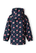 Navy girls rain jacket with printed pattern, elasticated cuffs, waterproof material, suitable for ages 1-6y.