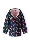 Girls rain jacket printed navy 1-6y with vibrant animal patterns, waterproof fabric, and cozy pink lining. Perfect for rainy days.
