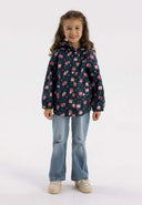 Girls rain jacket printed navy 1-6y with an all-over pattern, waterproof fabric, and attached hood for rainy days.