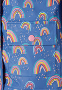Cobalt blue girls rain jacket printed with colorful rainbows, water-resistant fabric, sizes 1-6y. Design features playful patterns.