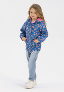 Girls rain jacket printed cobalt blue 1-6y with rainbow print, water-resistant fabric and regular fit for spring summer wear.