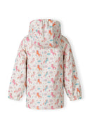 Girls rain jacket printed cream 1-6y featuring a colorful unicorn and rainbow print on lightweight water-resistant fabric. 