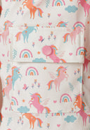 Girls rain jacket printed cream 1-6y featuring colorful unicorn design, lightweight water-resistant fabric with a front pocket.
