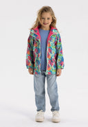 Girls rain jacket printed mint 1-6y with colorful tropical pattern and full zip, perfect for youthful style and rainy days.