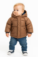 Boys padded jacket with hood brown 3m-3y featuring soft padding, a cozy hood, and a smooth exterior for winter comfort.