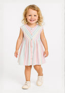 Girls dress striped multicoloured 1-8y with button-up front and short sleeves in vibrant pastel colors. Suitable for summer.