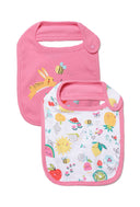 Babies feeding bibs 2-pack popper fastening pink 0-12m, soft pink fabric with playful patterns, designed for infants.
