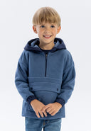 Boys blue microfleece half zip hoodie, front view, featuring a flap pocket and ribbed cuffs.