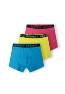 Men 3 pack boxers with logo waistband multicoloured featuring blue, yellow, and pink designs with a comfortable elastic waistband. 