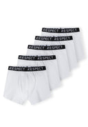 Men 5 pack boxers white with branded black elastic waistband, soft and durable cotton blend for comfortable everyday wear.