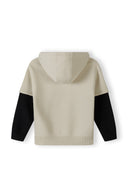 Boys hoodie in grey with double layer sleeves, back view, featuring a hood and ribbed hem.