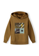 Boys beige hoodie with photographic print, pullover style, front pocket, ribbed cuffs.