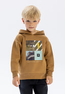 Boys beige hoodie with photographic print, front view, featuring a pullover style and ribbed cuffs.