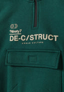 Boys half zip hoodie in dark green with printed logo and front pocket, close-up view.