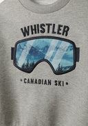 Boys grey sweatshirt, crew neck, featuring graphic appliqué of ski goggles.
