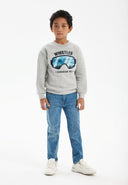 Boys grey sweatshirt with graphic appliqué, front view, ribbed cuffs and waistband.